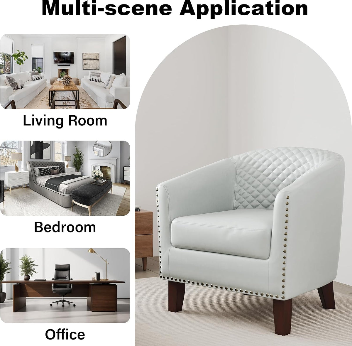 Faux Leather Barrel Accent Chair with Nailhead, White, Set of 4