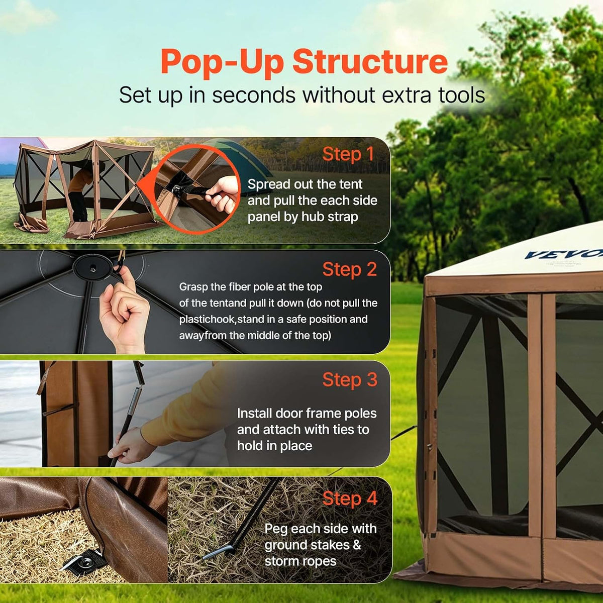VEVOR Camping Gazebo Screen Tent, 12x12ft, Brown/Beige