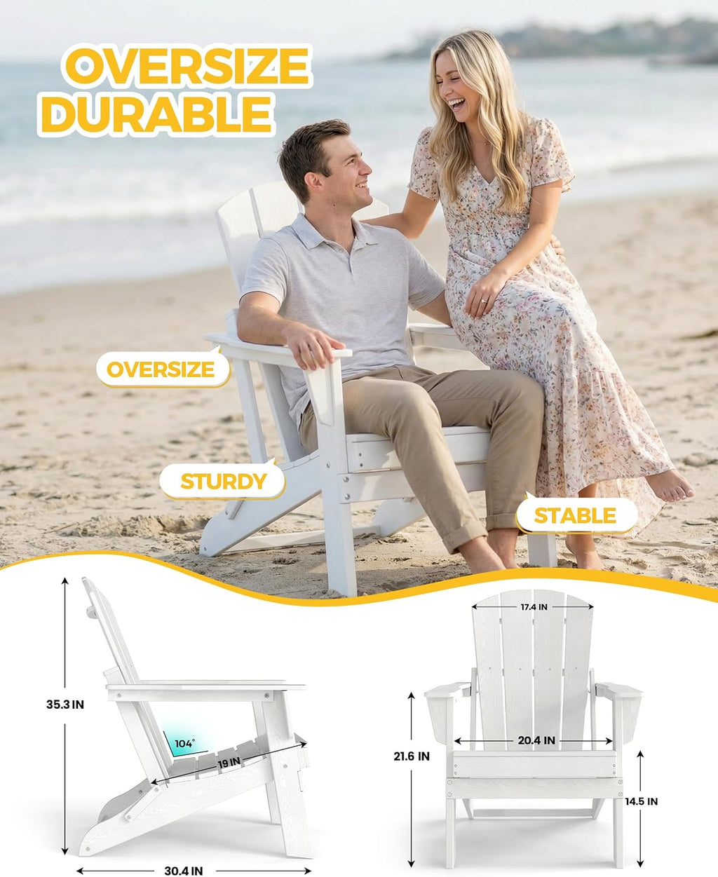 Folding Adirondack Chair, Portable HDPE Patio Chair, White
