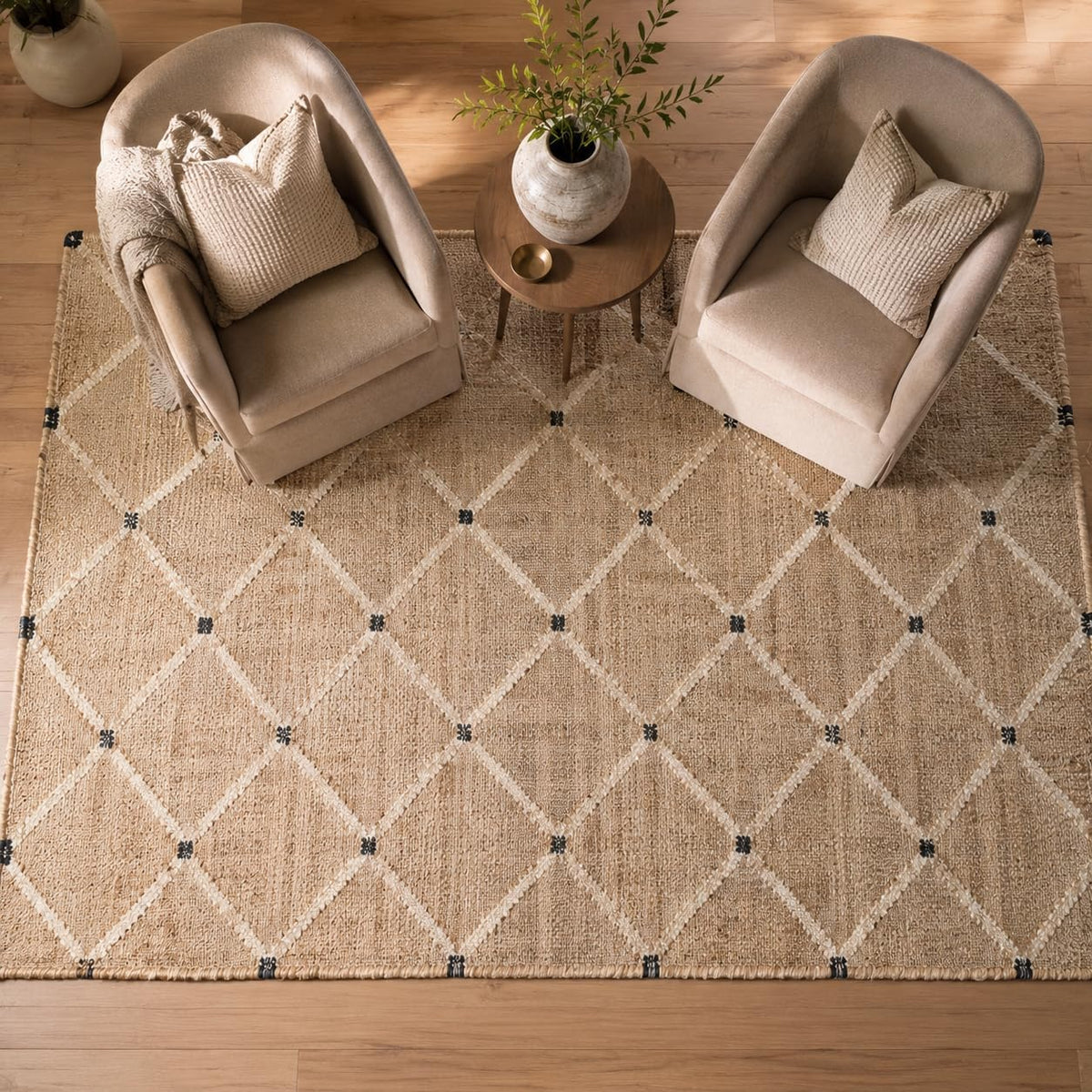 FRELISH DECOR Hand Woven Jute Area Rug 6'x9'- Geometric Design (Natural)