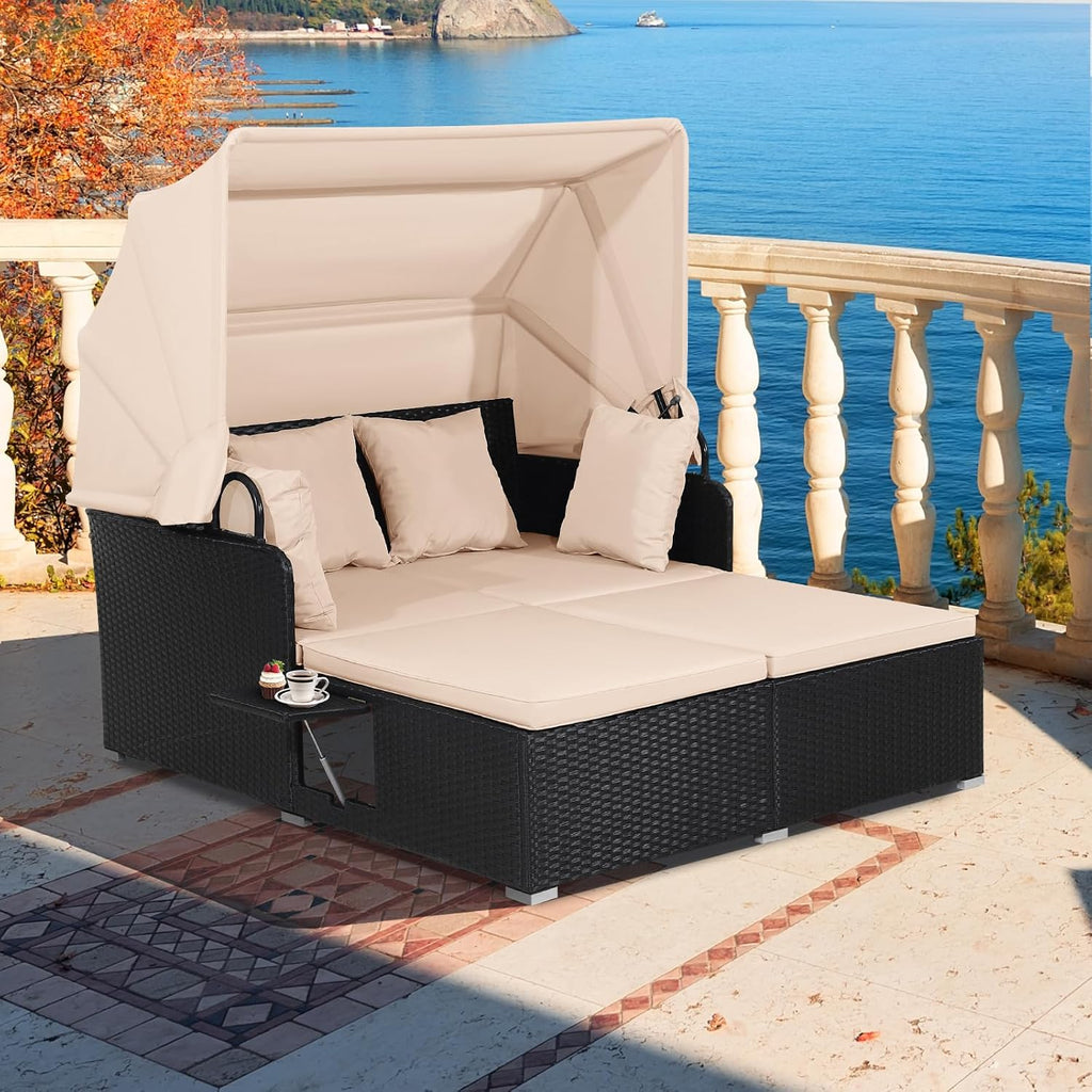 HAPPYGRILL Outdoor Wicker Lounge Daybed, Hand-Woven PE Rattan Daybed, Patio Loveseat Sofa Set with Retractable Canopy & 2 Side Tables, Outdoor Sun Lounger with Soft Cushions (Beige)