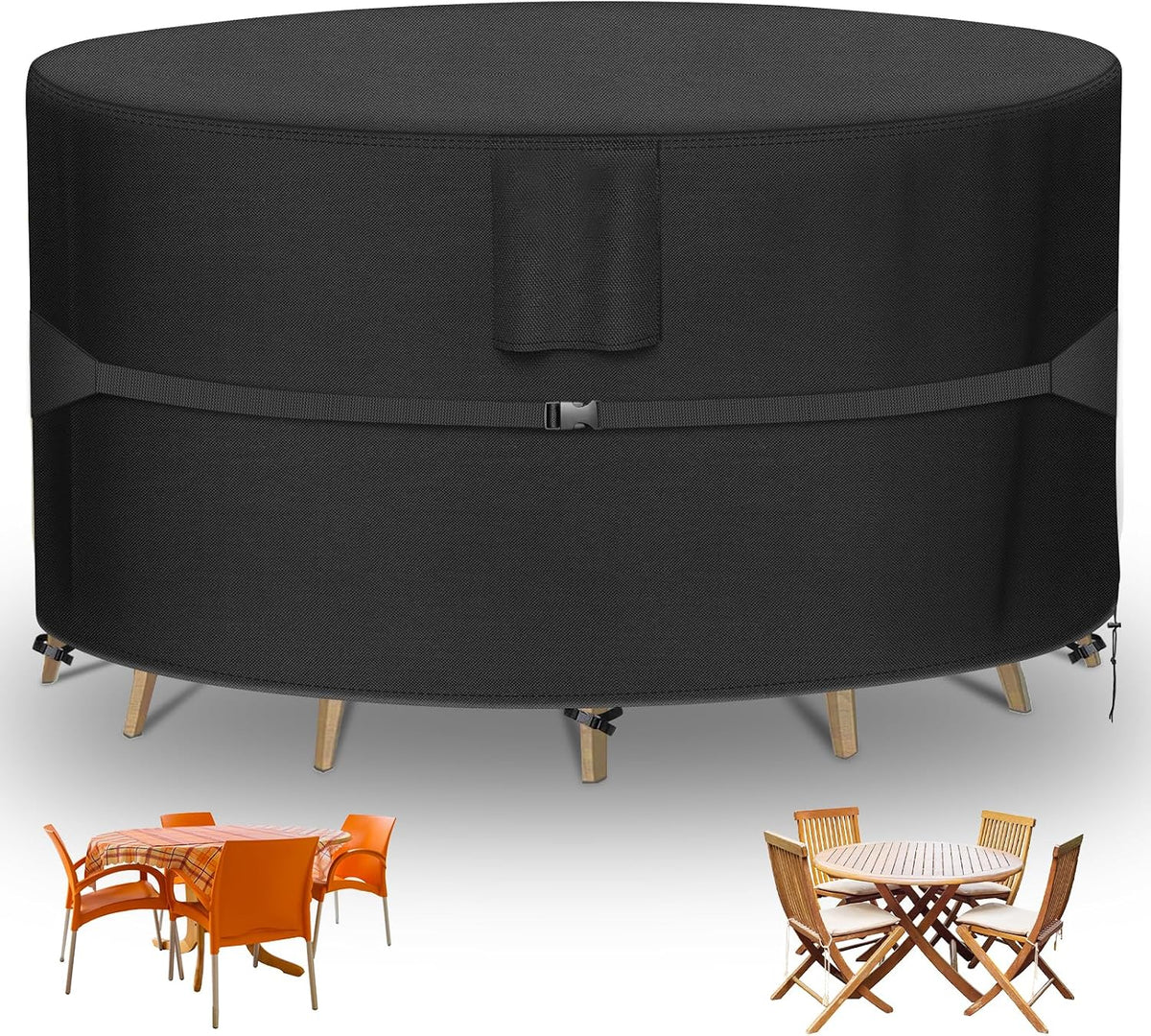 RICHIE Round Patio Furniture Covers - 600D Heavy Duty Waterproof Outdoor Table Cover, Lawn Furniture Set Covers for Dining Table and Chairs Seating 96"DIAx28"H