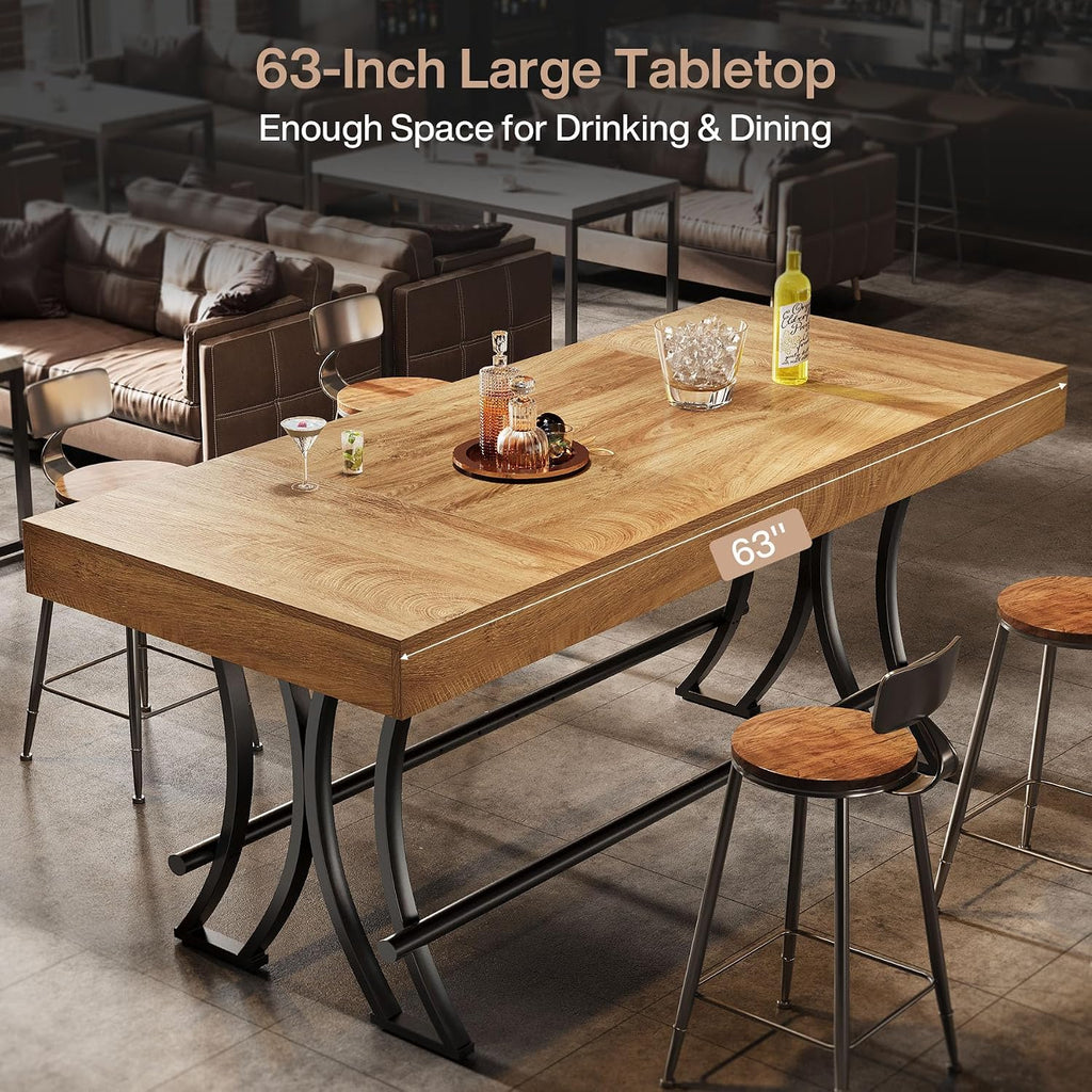 Tribesigns 63" Counter Height Bar Table with Metal Footrest, Rectangular Tall Kitchen Dining Pub Table, Industrial Home Bar Unit for Entertaining, Freestanding, Rustic Brown