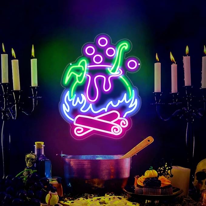 "Witch Brew" Cauldron Neon Sign - Spooky LED Cauldron Wall Art, Spooky Halloween, Witch's Brew Led Sign, Witch Pot Neon Light for Halloween Led Sign Halloween Decorations Party Decor Home Bar