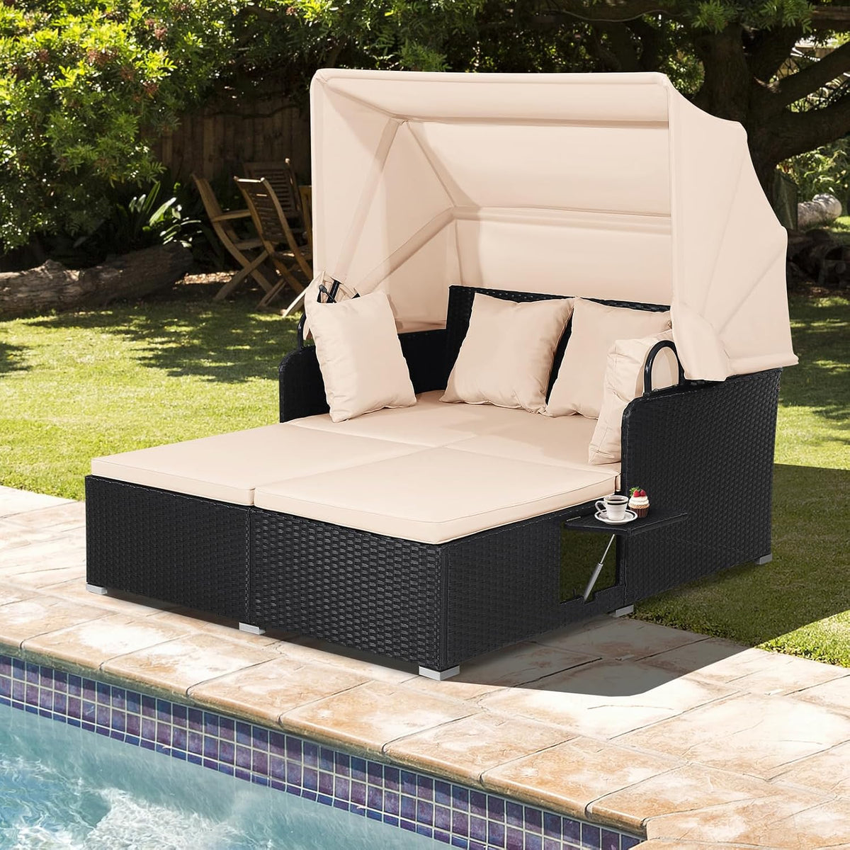 HAPPYGRILL Outdoor Wicker Lounge Daybed, Hand-Woven PE Rattan Daybed, Patio Loveseat Sofa Set with Retractable Canopy & 2 Side Tables, Outdoor Sun Lounger with Soft Cushions (Beige)