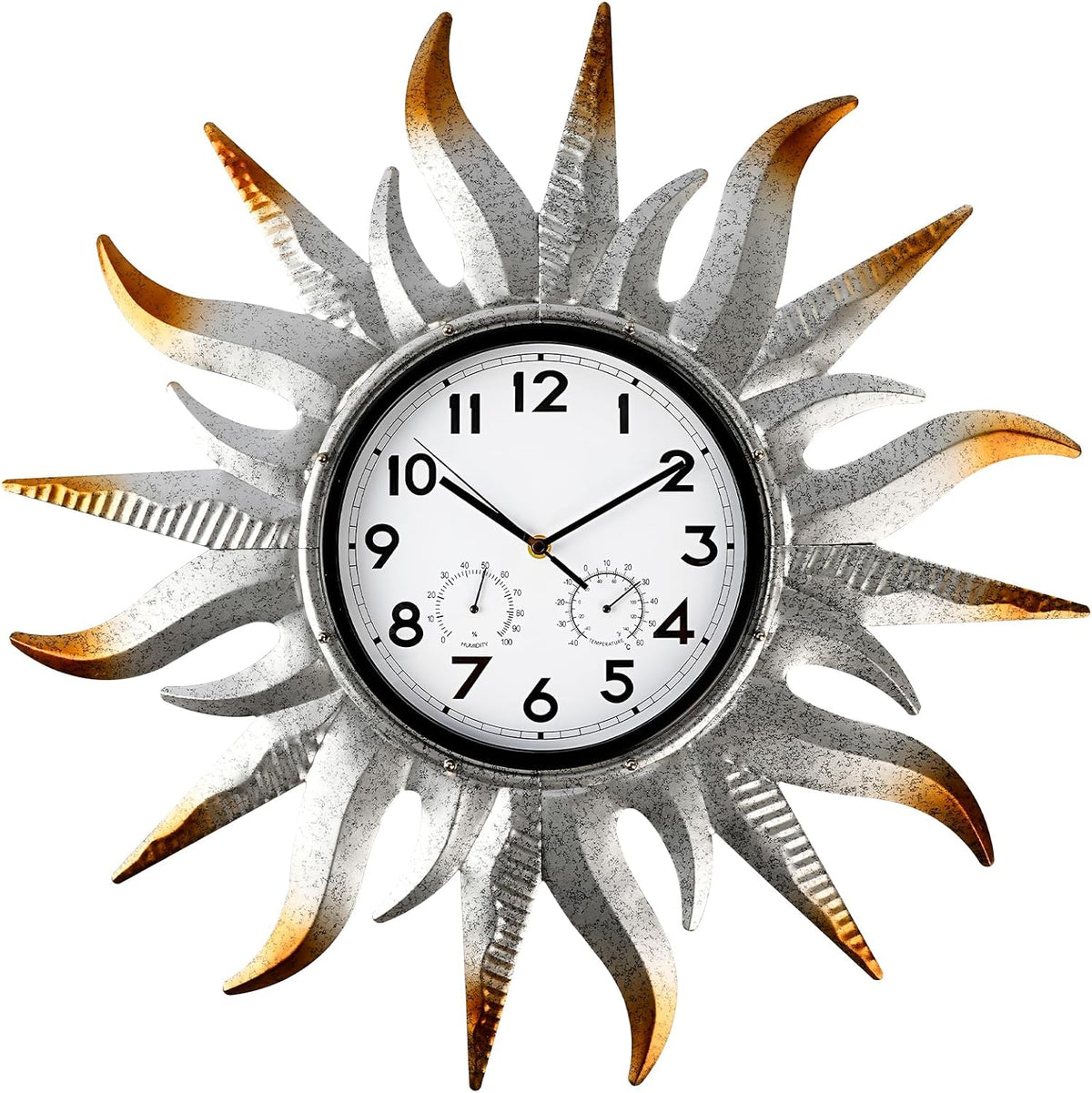 25-Inch Sun-Shaped Outdoor Clock and Thermometer Set, 10-Inch Dial, Battery Powered, Waterproof, Silent Quartz Movement (Silver)