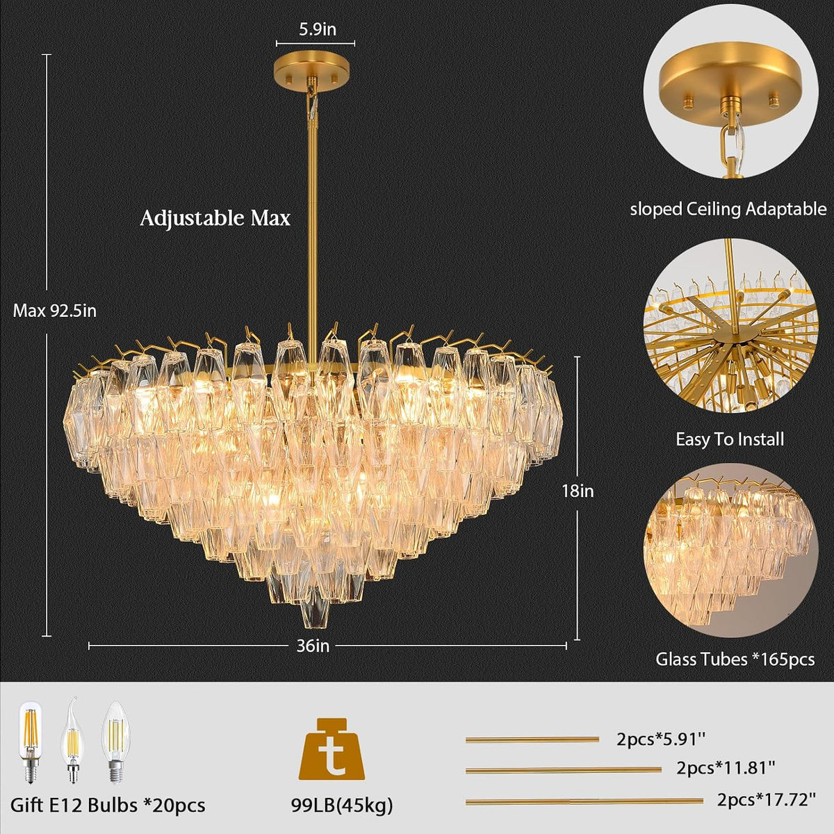 Gold Crystal Chandelier, 36" Modern Luxury Round Glass Crystal 8-Tier Chandelier for Dining Room, Large Brass 20-Light Tiered Chandeliers Light Fixture for Living Room, Bedroom, Entryway, Staircase