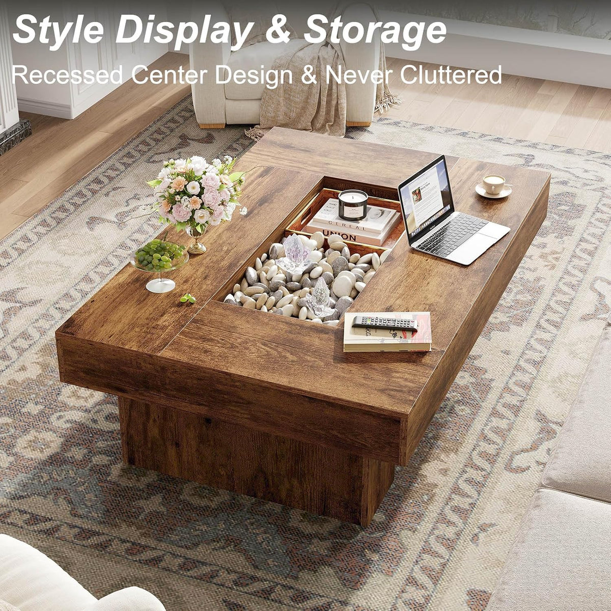 LVB 47"X31" Large Rectangle Wood Coffee Table for Living Room Rustic Brown