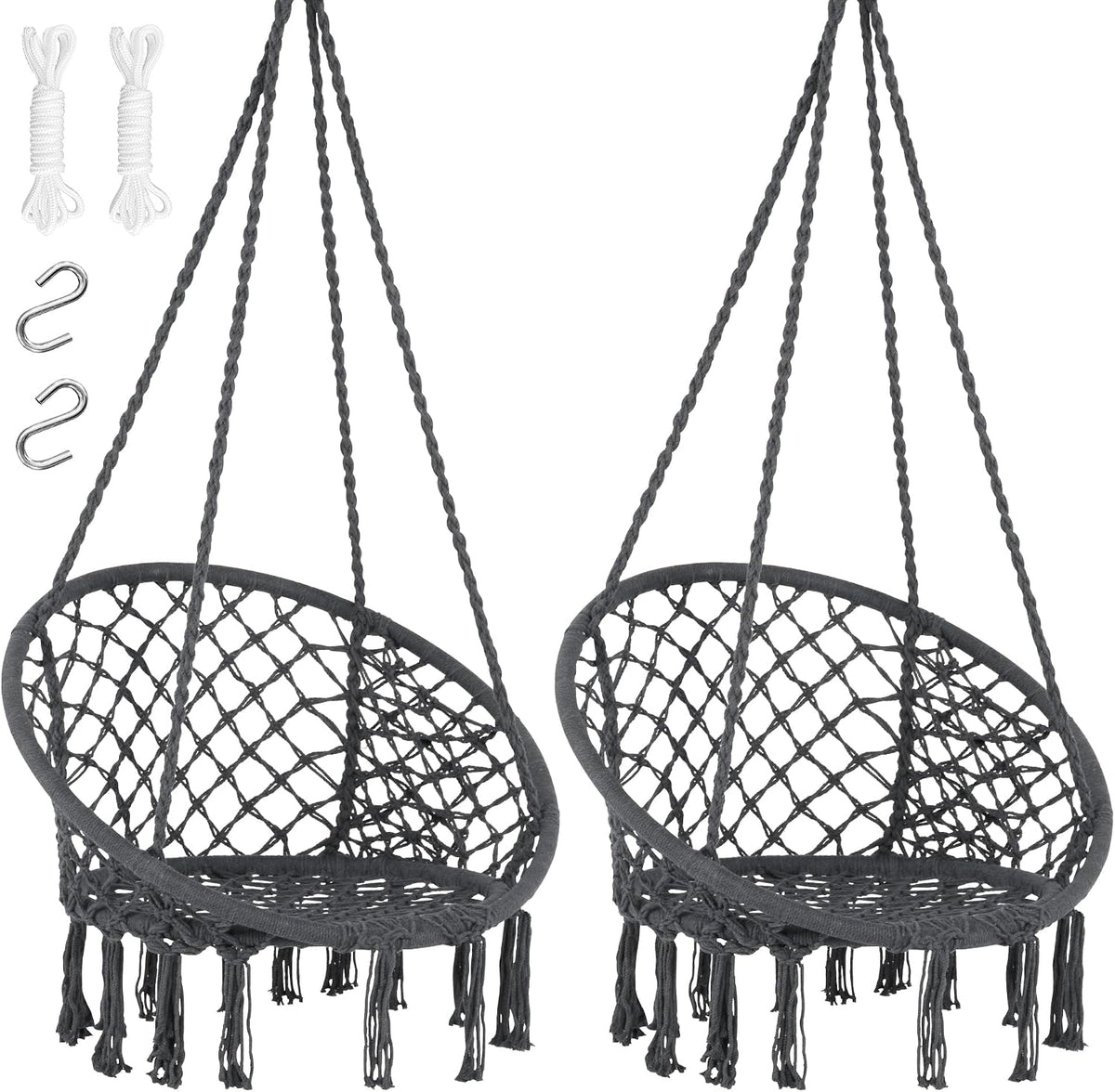 SUNCREAT Hammock Chair Hanging Macrame Swing, Pack of 2, Grey