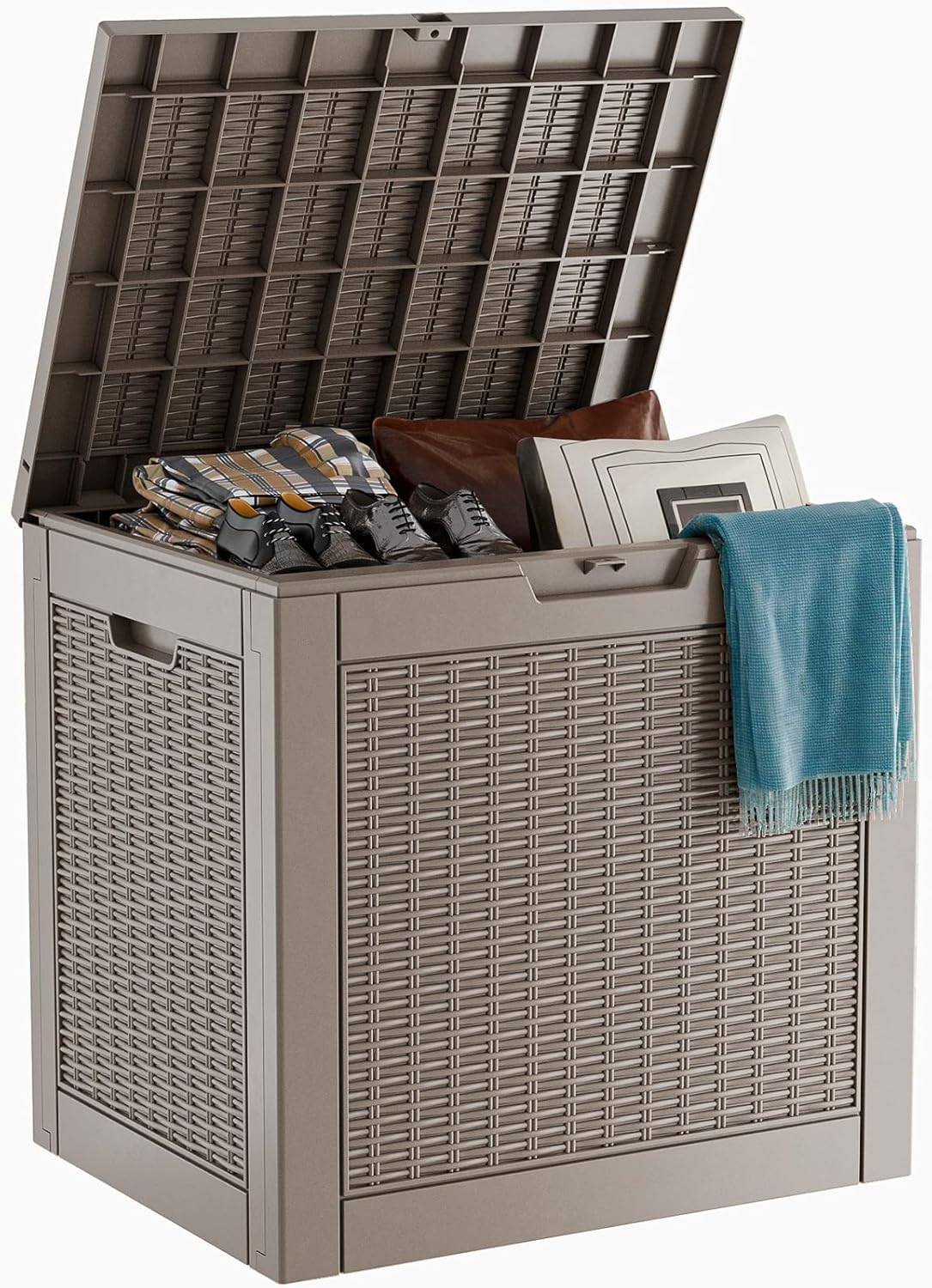 ROJIK Outdoor Storage Housing Deck Box - Waterproof Patio Furniture, Garden Tools, Cushions, Pool Accessories Storage Bench with Lockable Lid and Side Handles (Grey Rattan, 30 Gal)