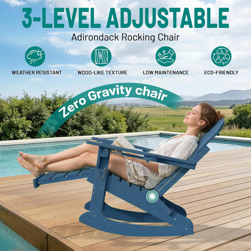 PLUUV Folding Adirondack Rocking Chair with Retractable Ottoman, Navy Blue