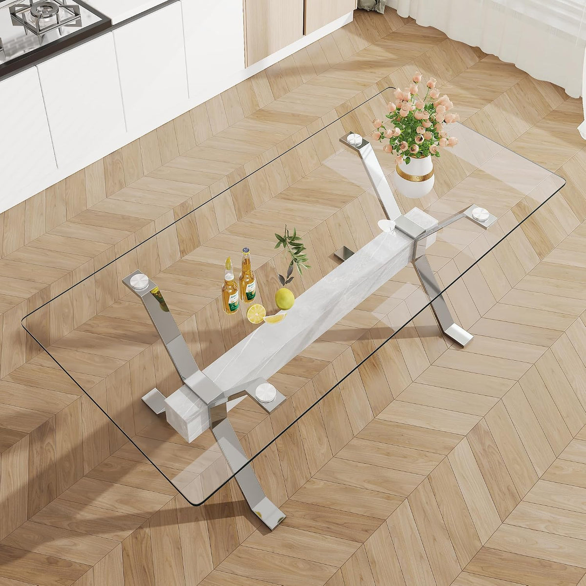 79'' Glass Dining Table, Modern Kitchen Table, Clear Dining Room Table with 0.5" Tempered Glass Tabletop with Plated Metal Legs and MDF Crossbar, Ideal for Dining Room, Kitchen.