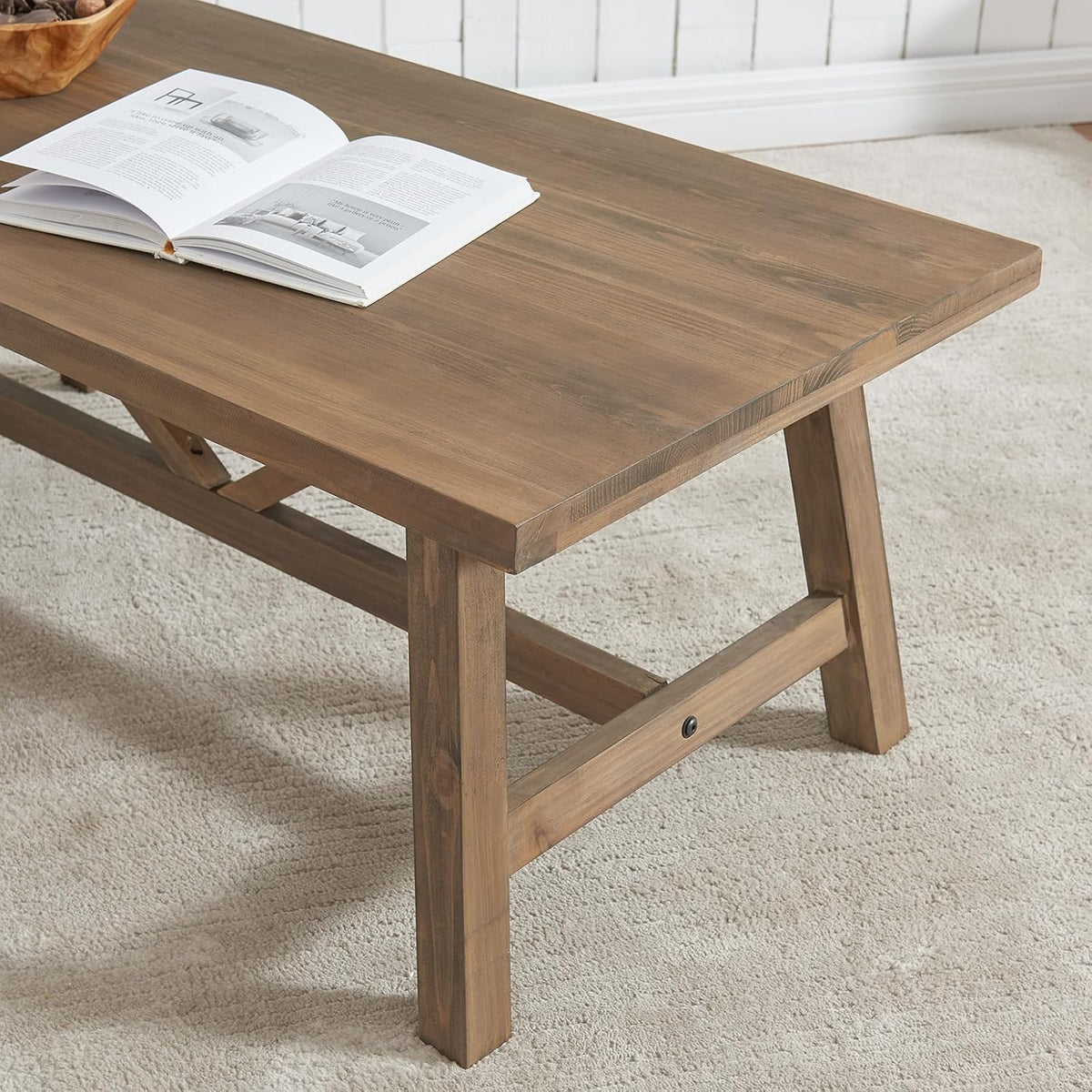 Wnutrees 43" Farmhouse Solid Wood Coffee Table, Rustic Rectangular, Natural