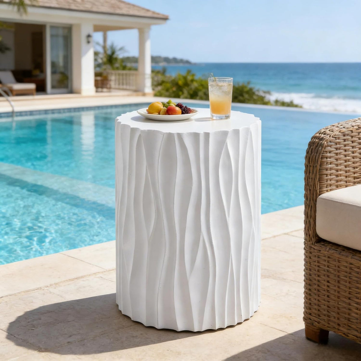 Modern Round Side Table, Outdoor End Table with Wavy Fluted Design, Multi-Use Stool Table for Living Room, Patio, Garden, Balcony, 66 LBS Capacity, Pr-Assembled, White