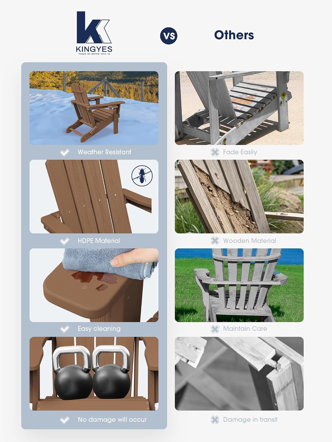 KINGYES Folding Adirondack Chair Set of 6 with 2 Cup Holders, Brown