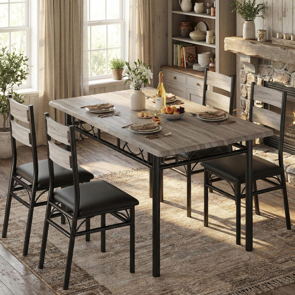IDEALHOUSE Rectangular Kitchen Table and Chairs Set for 4, 5 Piece Dining Table Set for 4, High-Back Upholstered Chairs, Heavy-Duty Frame, Saving Space, for Dinner Dinette, Apartment, Rustic Gray