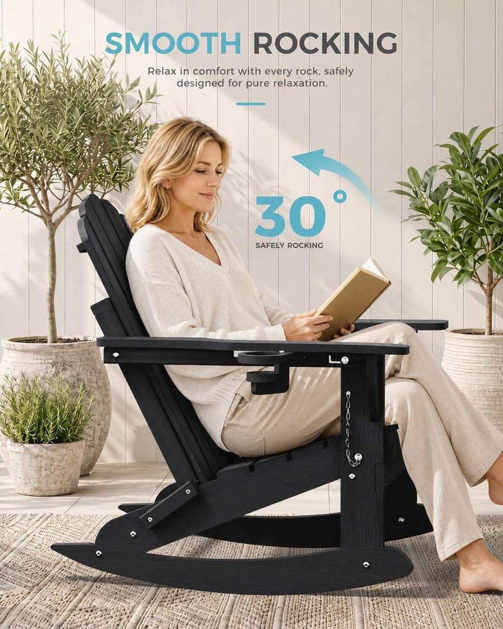 Ciokea Rocking Adirondack Chairs Set of 4 with Retractable Ottoman (Black)