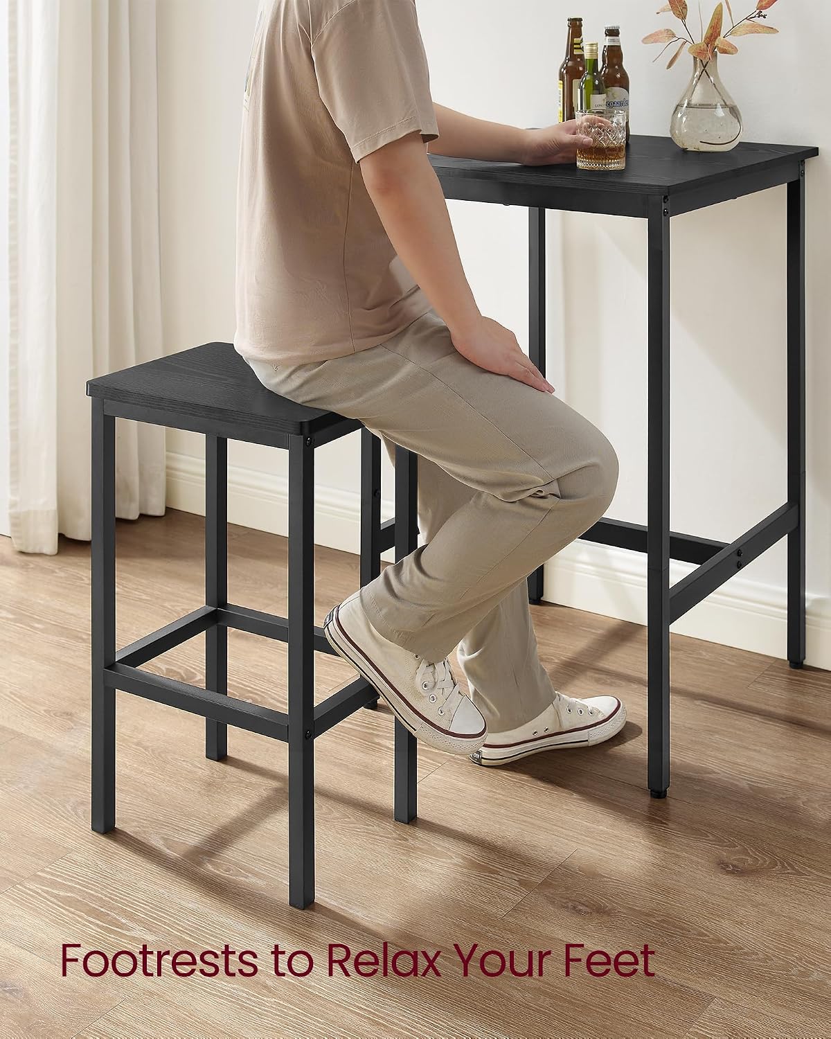 VASAGLE Bar Table and Chairs Set, Square, with 2 Stools, Space Saving