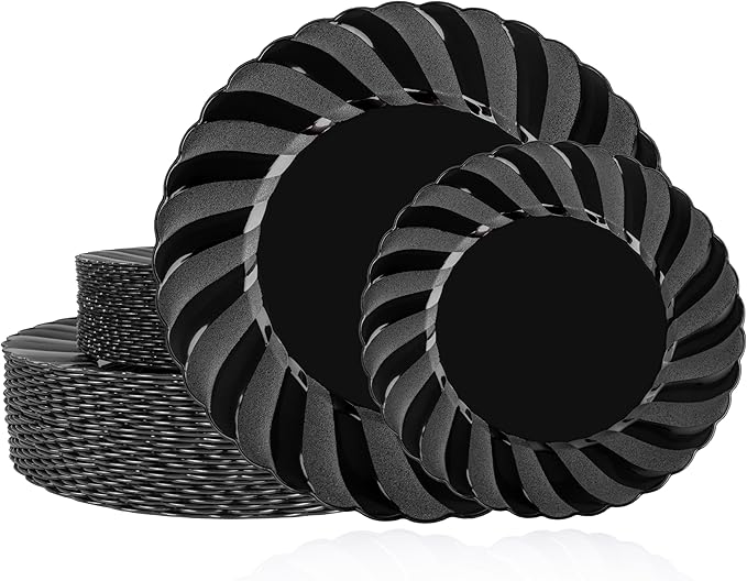 U-QE 60 Pcs Black Plastic Plates for Party – Scalloped Plastic Plates Heavy Duty – Include 30 10.25" Dinner & 30 7.25" Dessert Plate - Perfect for Halloween, Weddings & Birthdays