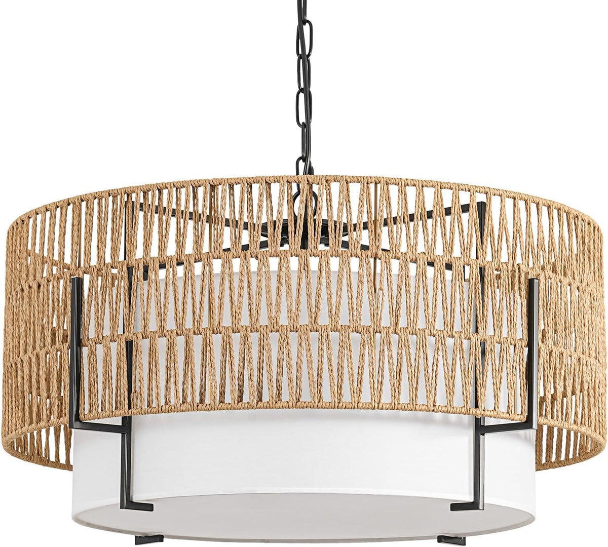6-Light Large Rattan Chandelier for Dining Room, 25.6" Boho Pendant Light