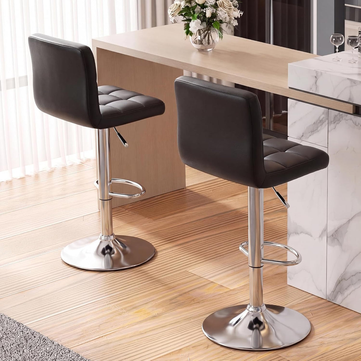 Homall Bar Stools Modern PU Leather Adjustable Swivel Barstools, Armless Hydraulic Kitchen Counter Bar Stool Extra Height Square Island Barstool with Back Set of 2 (Leather, Black)