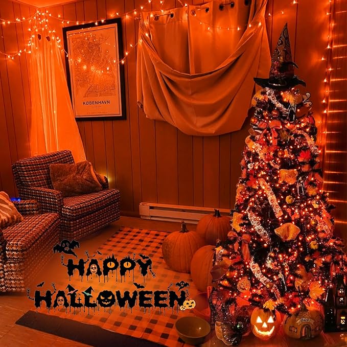 YEGUO 165ft 500 LED Halloween Lights Outdoor Waterproof, Orange String Lights Indoor Plug in, 8 Modes Clear Wire Orange Lights for Halloween