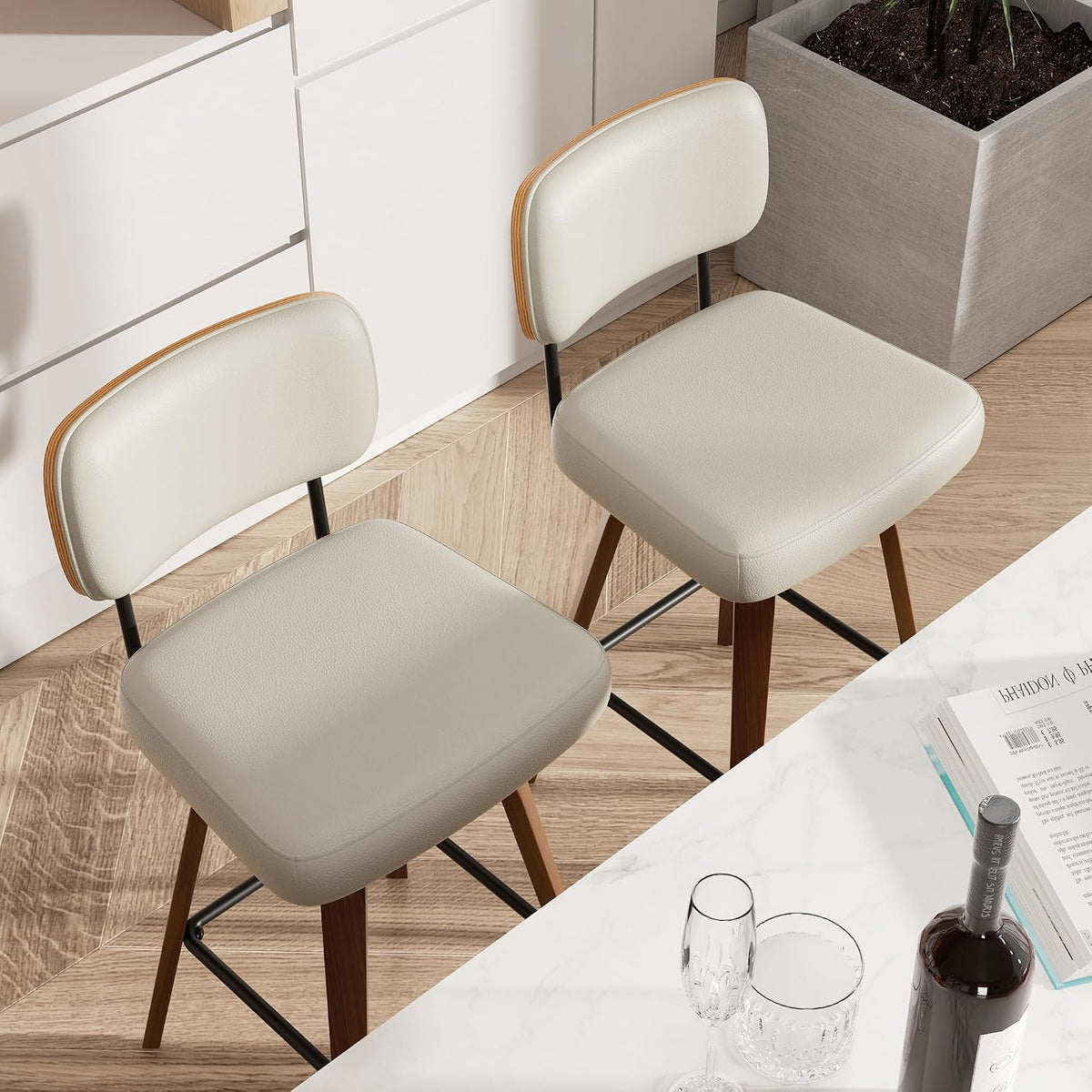 Swivel Bar Stools Set of 3, 26" Upholstered Faux Leather Counter Height Barstools with Walnut Back & Bentwood Legs, Mid Century Modern Bar Chairs Island Stools for Kitchen Counter, Beige Grey
