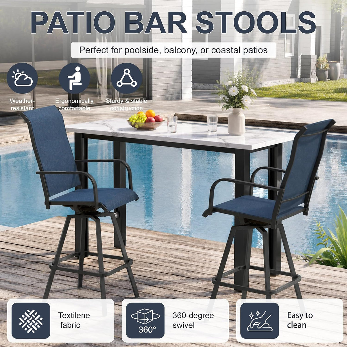 Outdoor Bar Stools Set of 2, Swivel Tall Patio Chairs, Navy