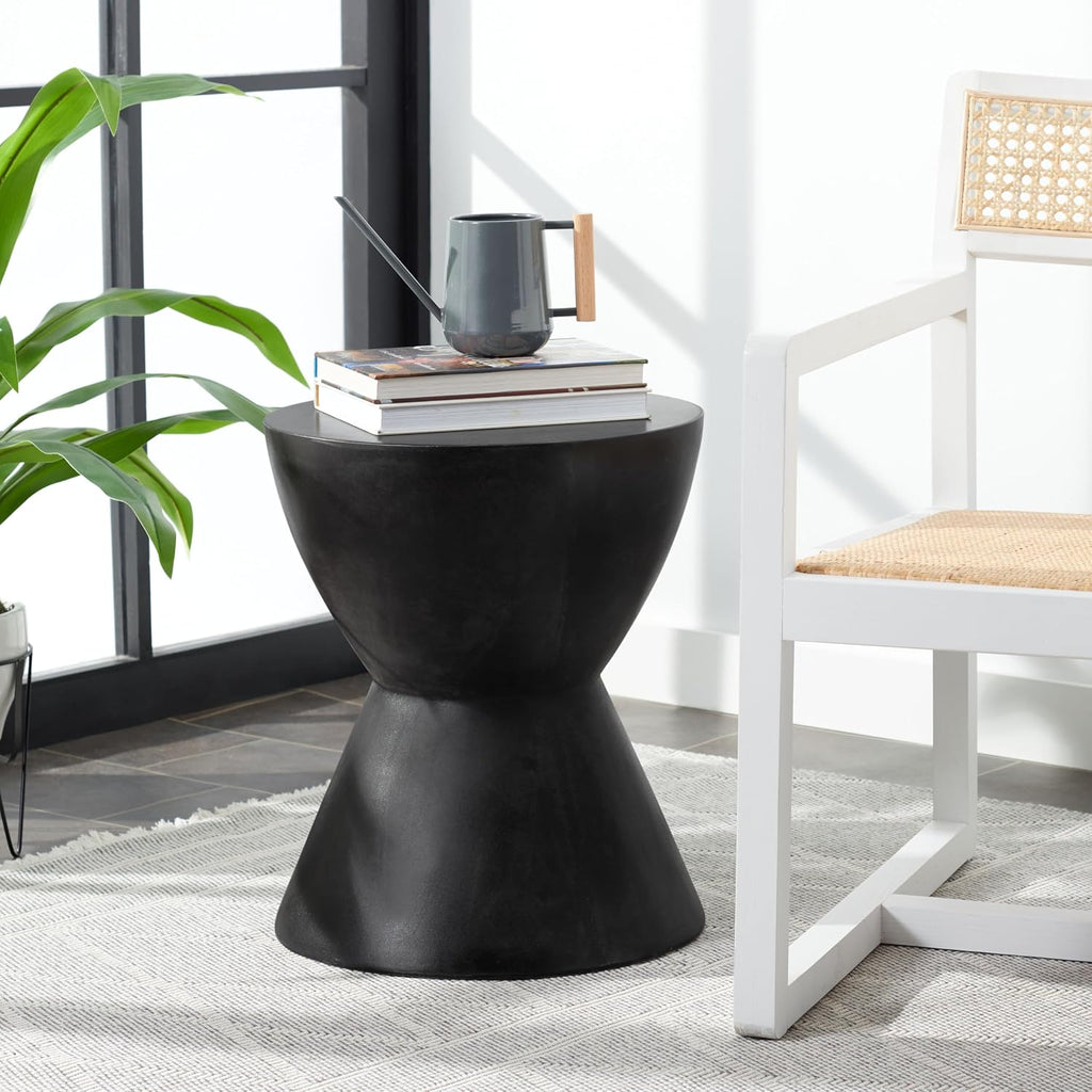 SAFAVIEH Outdoor - Athena Accent Stool - Black Concrete - Sculptural Drum Design - Ideal for Living Room, Patio, Deck, Sunroom, 14.9" W x 14.9" D x 17.7" H (VNN1011C)