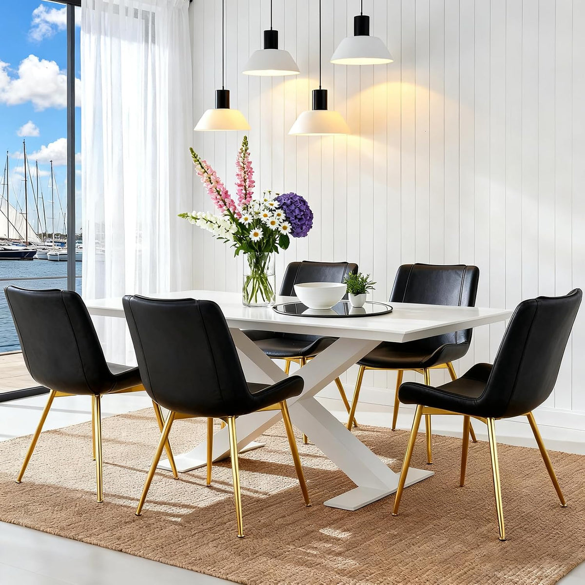 Dining Chairs Set of 2, PU Leather Armless with Metal Legs Black, Gold Legs