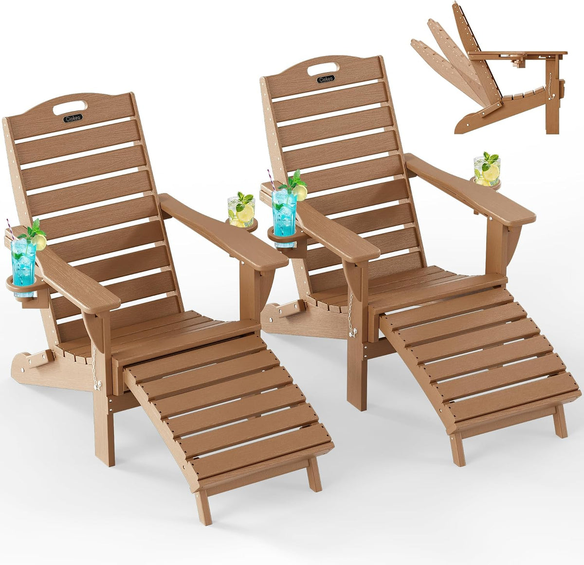 Ciokea HDPE Folding Adirondack Chair with Footrest,Teak,2