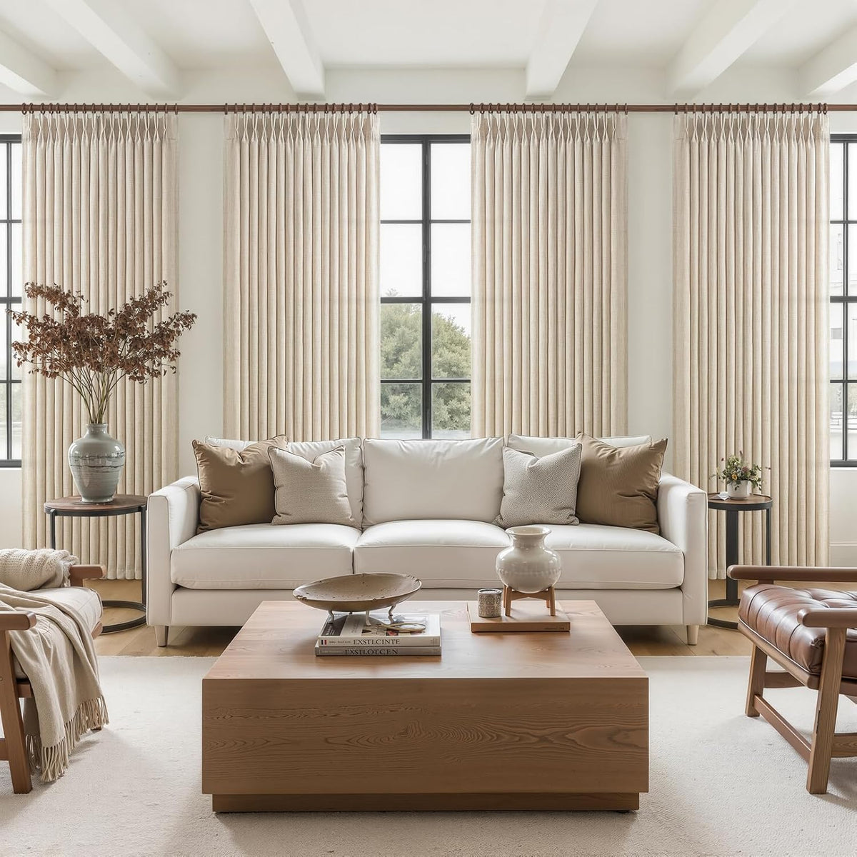 Pinch Pleated Semi Sheer Natural Linen Curtains 96 Inches Long for Living Room, Memory Trained Light Filtering 8FT Length Viral Windows Drapes Privacy Bedroom Modern Curtain 2 Panels Set Hooks Rings