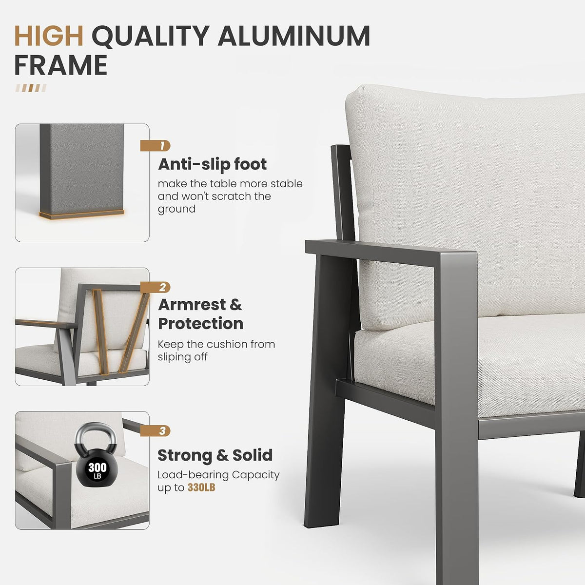 4-Piece Aluminum Outdoor Patio Furniture Sets All-Weather Patio Conversation Set Sectional Sofa with Coffee Table & Cushions with Removable Covers for for Deck Backyard Garden Poolside Balcony Porch