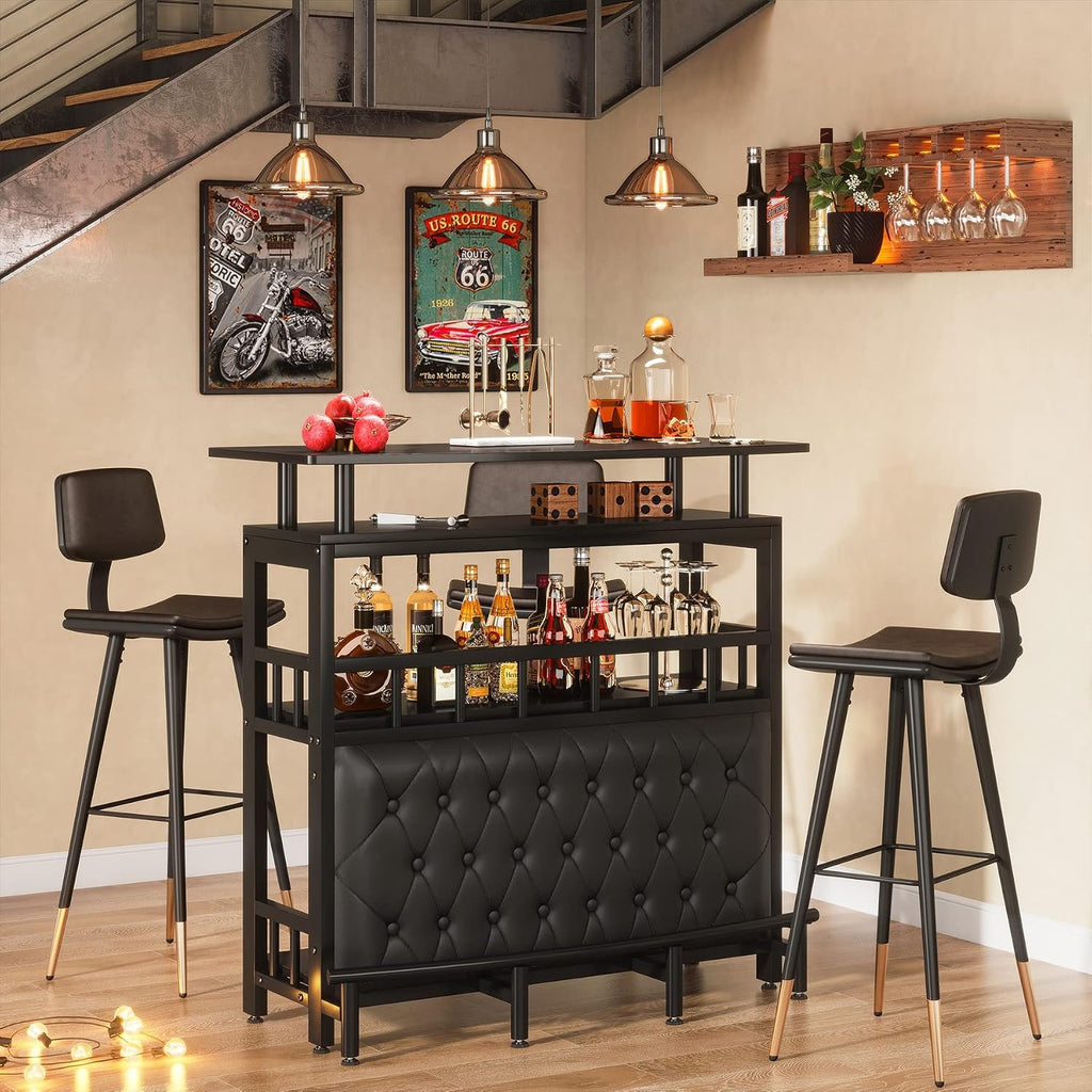 Tribesigns Home Bar Unit for Liquor, 44-Inch Bar Height Table with Storage, Black Mini Entertainment Carts Pub Table with Upholstered&Metal Front Footrest for Kitchen, Balcony, Basement