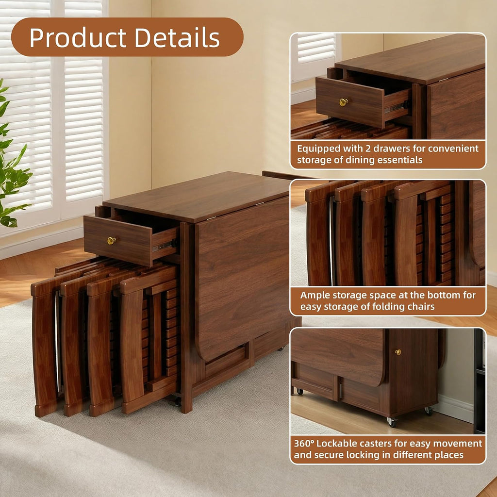Folding Dining Table and Chairs - 51" Fully Assembled Drop Leaf Table 4-6 Seater with Storage and Lockable Wheels, Space-Saving Set with 4 Chairs for Kitchen or Dining Room (Walnut)