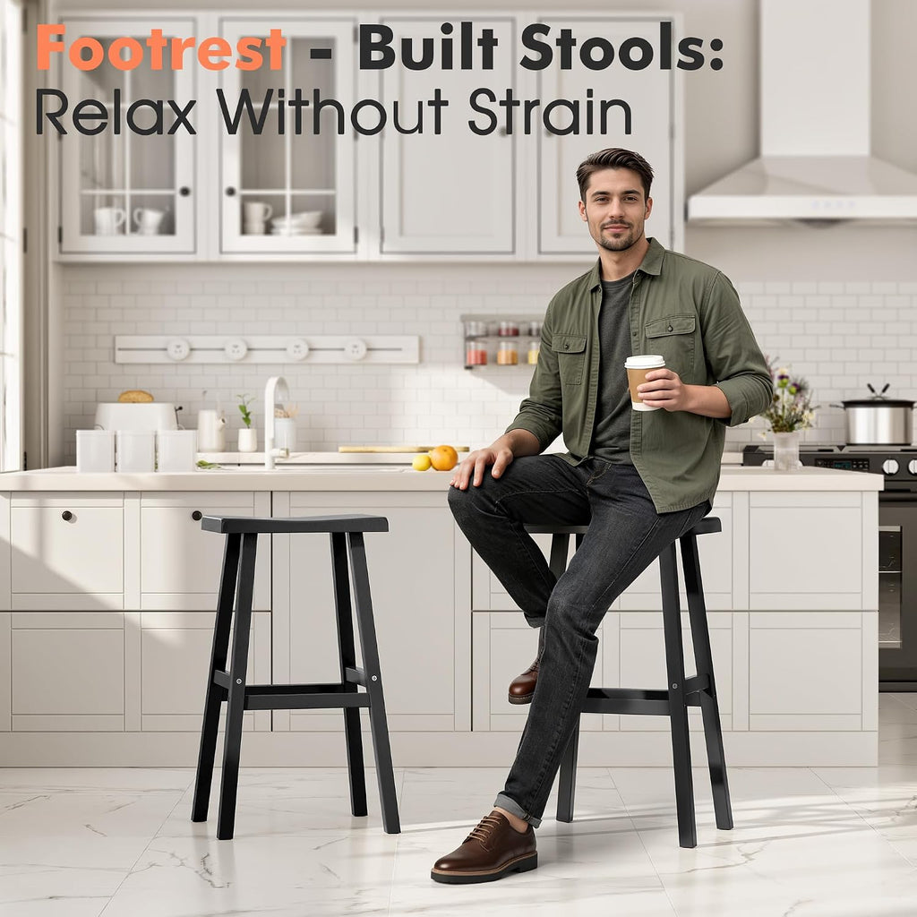 NUNU LAB Polywood Saddle-Seat Counter Height Bar Stools for Kitchen Island with Footrest, HDPE Waterproof Barstools for Outdoor/Indoor, 29-Inch Height, Black, Set of 2