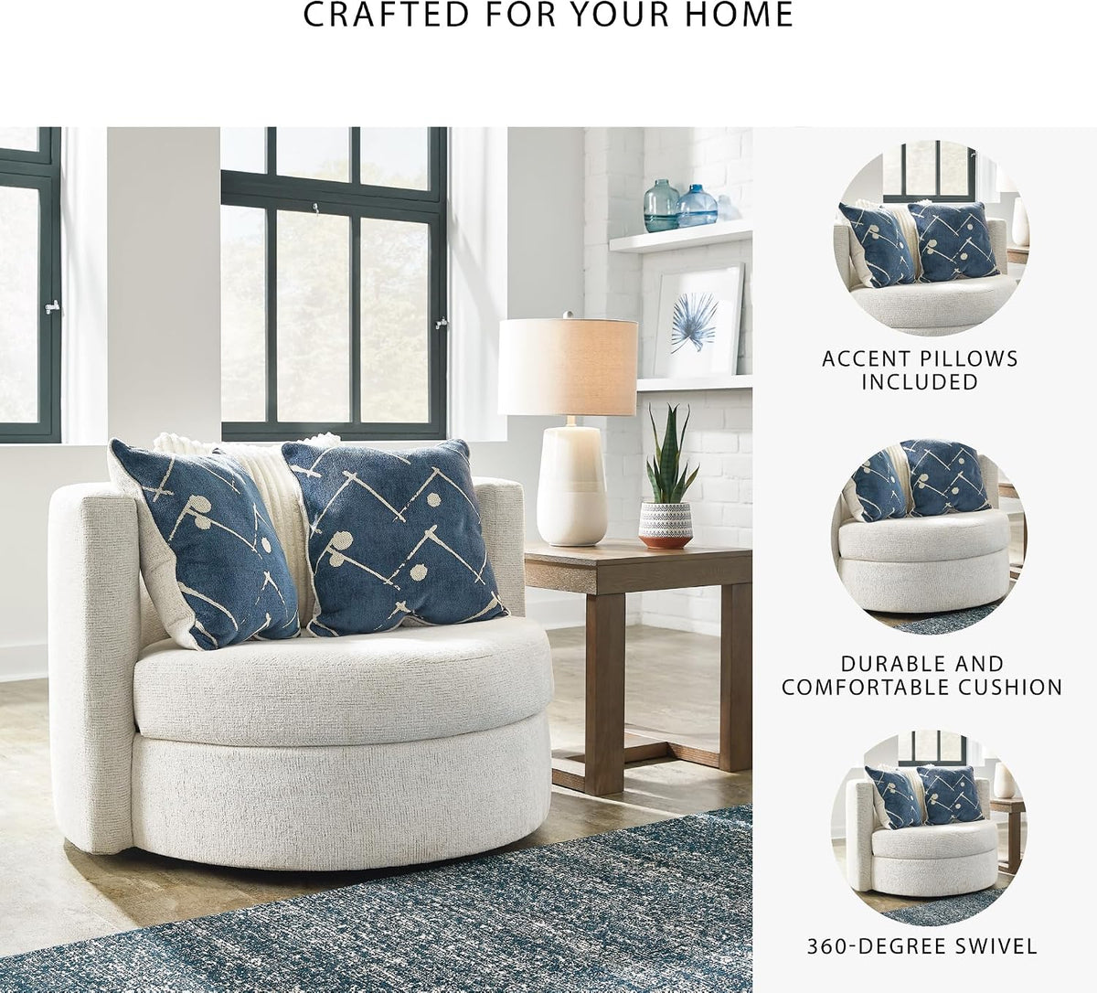Signature Design by Ashley Oversized Round Swivel Accent Chair, Ivory