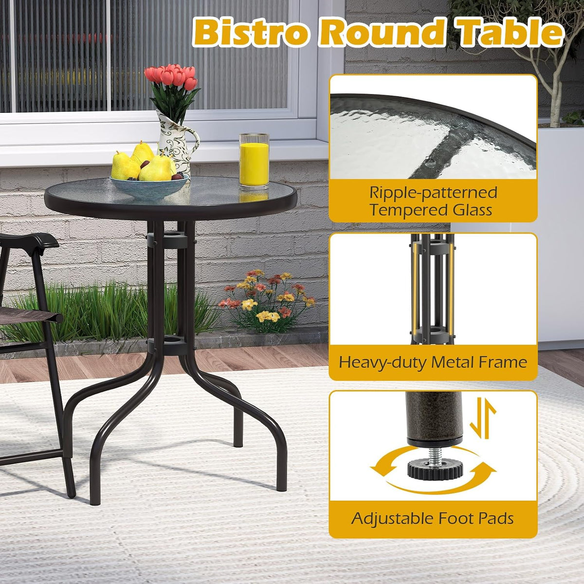 Goplus Bistro Table and Chairs Set of 2, Outdoor 3 Piece Patio Bistro Set with 1.57” Umbrella Hole, Tempered Glass Tabletop, 2 Folding Chairs, Small Patio Furniture Dining Set for Garden, Balcony