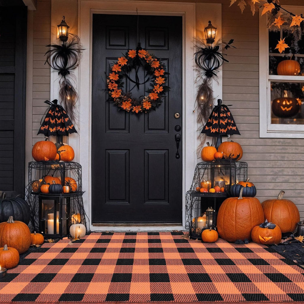 Tinideya 4' x 6' Fall Outdoor Rug, Plaid Buffalo, Orange and Black