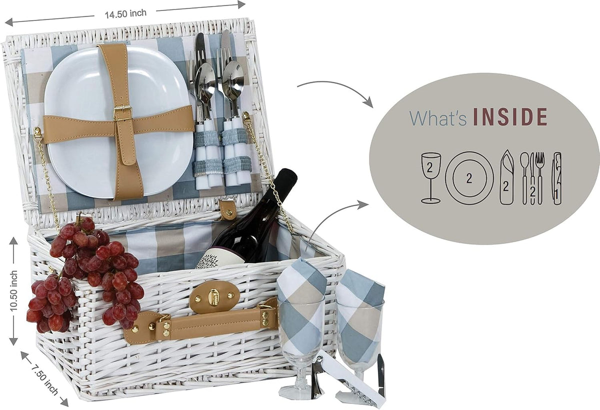Boothbay White 2 Person Willow Picnic Basket Set with Plates Flatware Wine Glasses Cotton Napkins Corkscrew 14 pcs Included