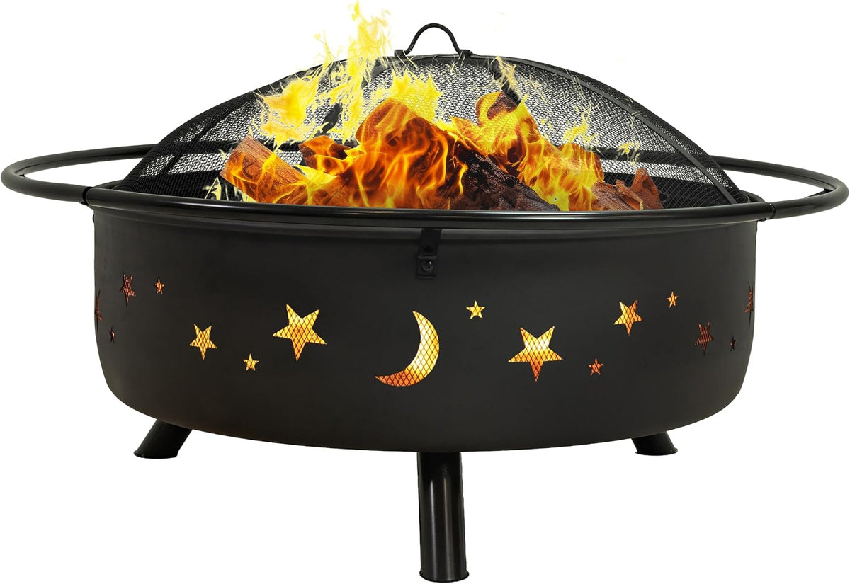 Sunnydaze Cosmic 42" Large Fire Pit for Outside Wood Burning, Round, Metal