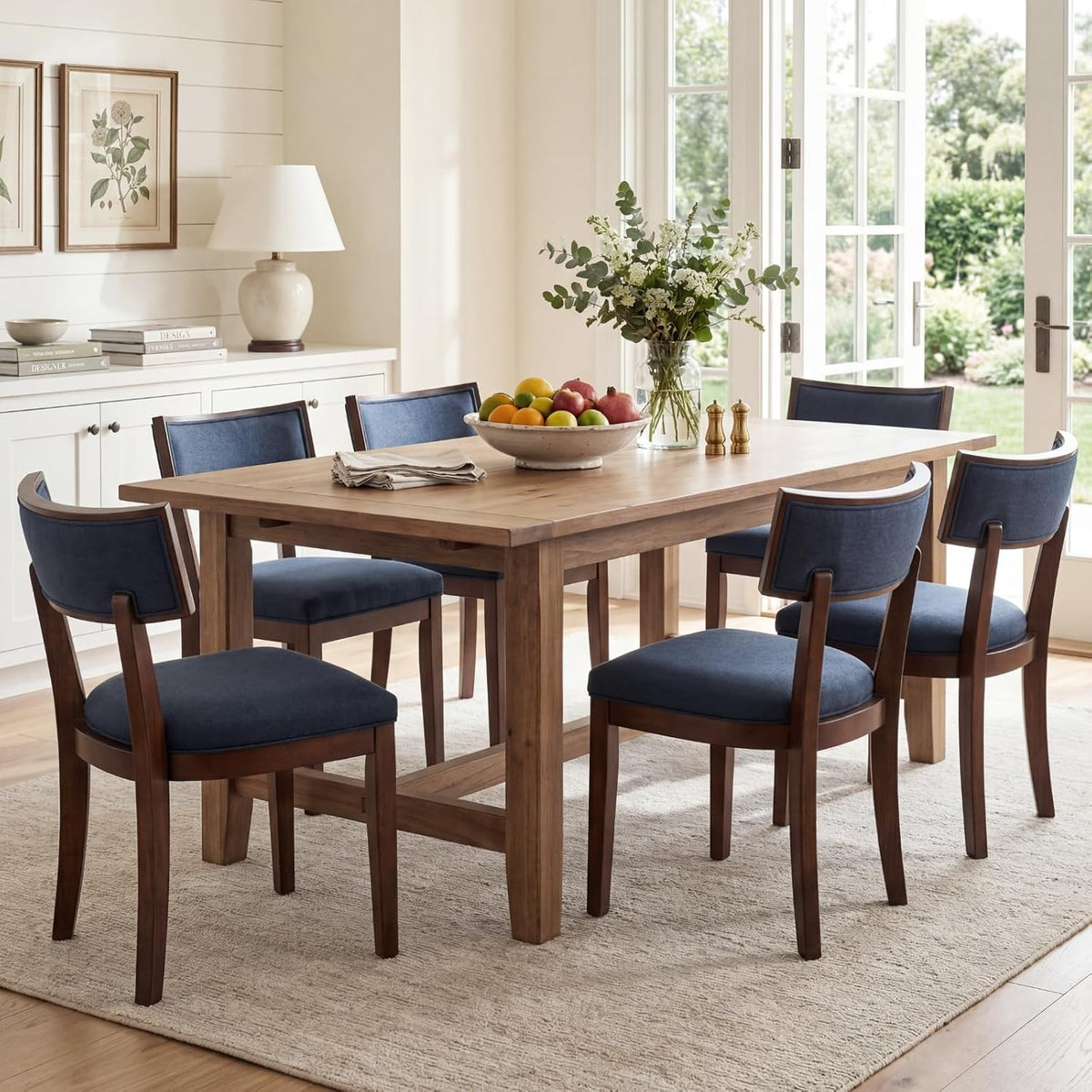 Blue Dining Chairs Set of 6, Upholstered Linen Fabric Dining Room Chairs with Curved Backrest, Armless Solid Wood Farmhouse Kitchen Side Chairs for Dining/Living Room, Blue