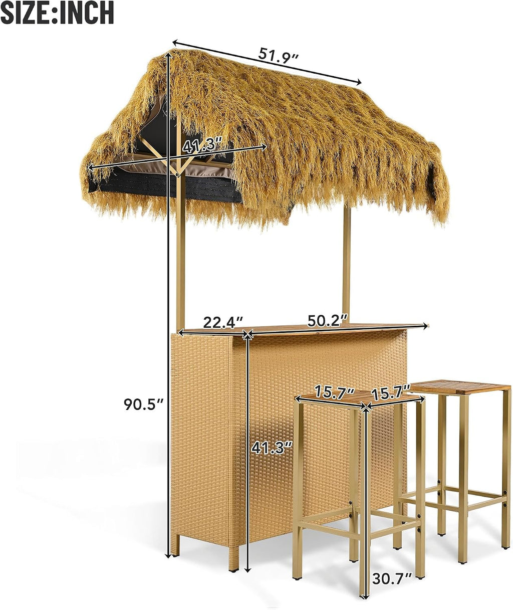 LUMISOL 3pcs Outdoor Bar Set, Hawaiian Style Bar Height Patio Set with PE Grass Canopy, Acacia Wood Top and Adjustable Feet, 3 Piece Wicker Island Bar and 2 Stools Set, Natural