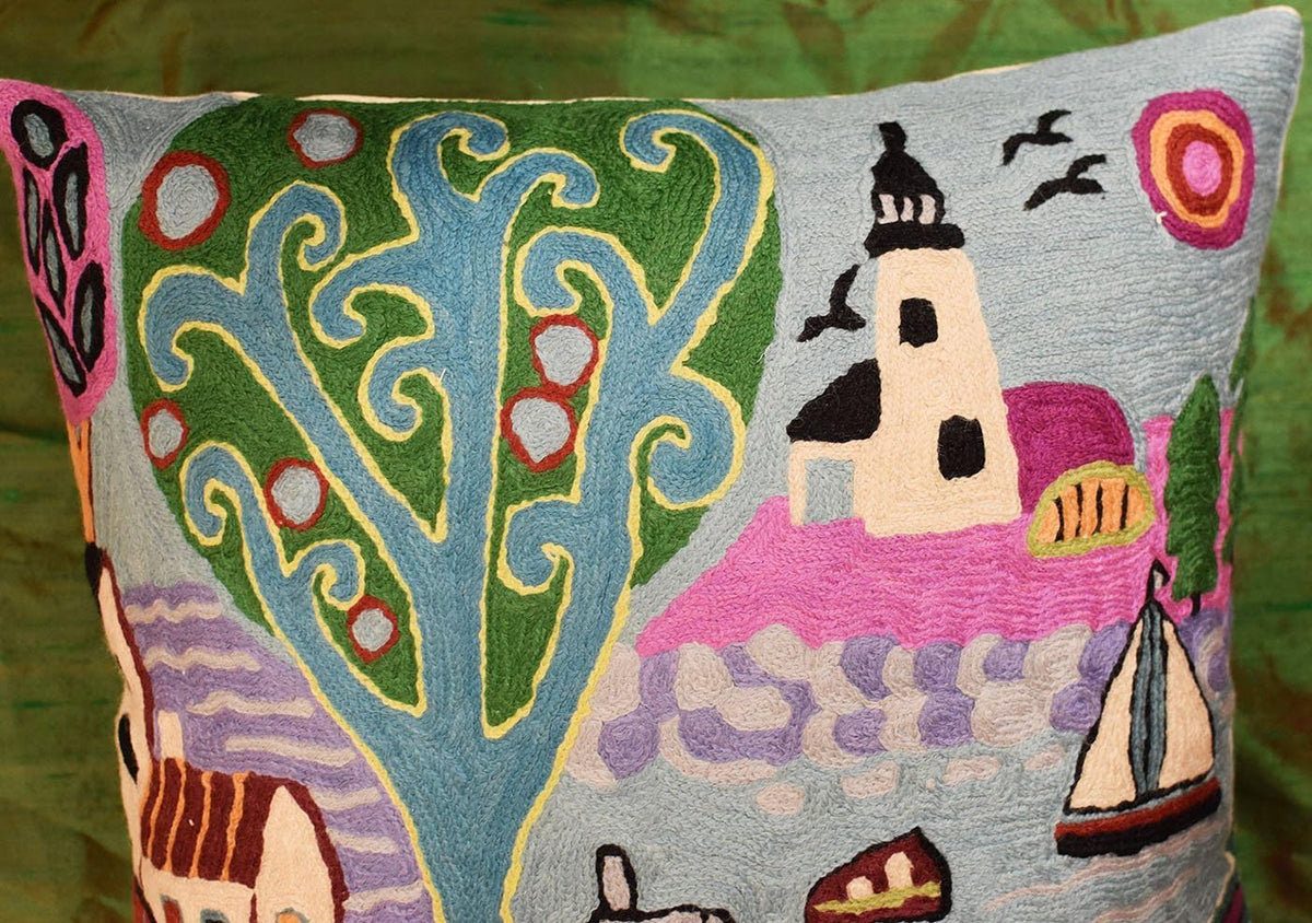 Green Coastal Pillow Cover Blue Nautical Accent Throw Pillowcase Karla Gerard Accent Cushion Floral Tree Chair Pillowsham Mid Century Modern Couch Hand Embroidered Wool 18x18 Inch