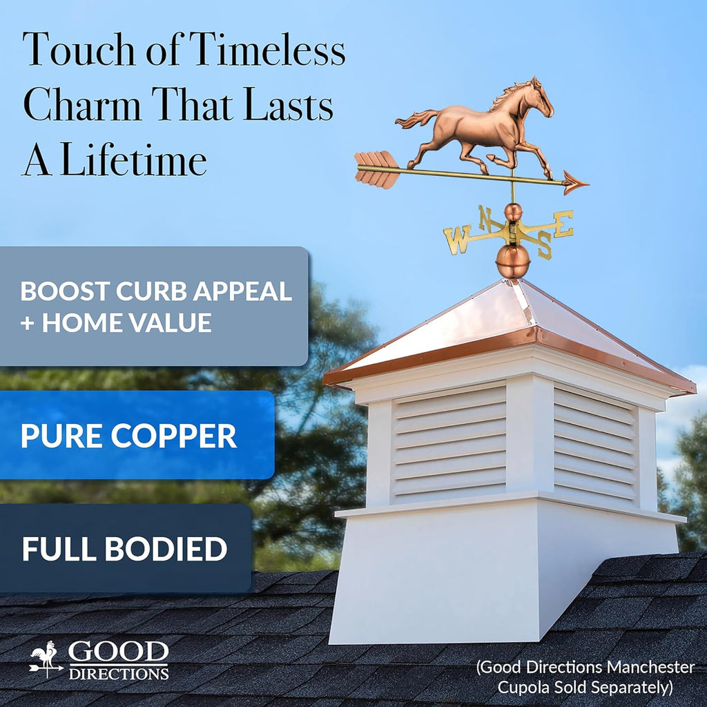 Good Directions Polished Copper Trotting Horse Weathervane – Decorative Rooftop Accent for Barns, Homes, Sheds, and Cupolas – Durable & Handcrafted