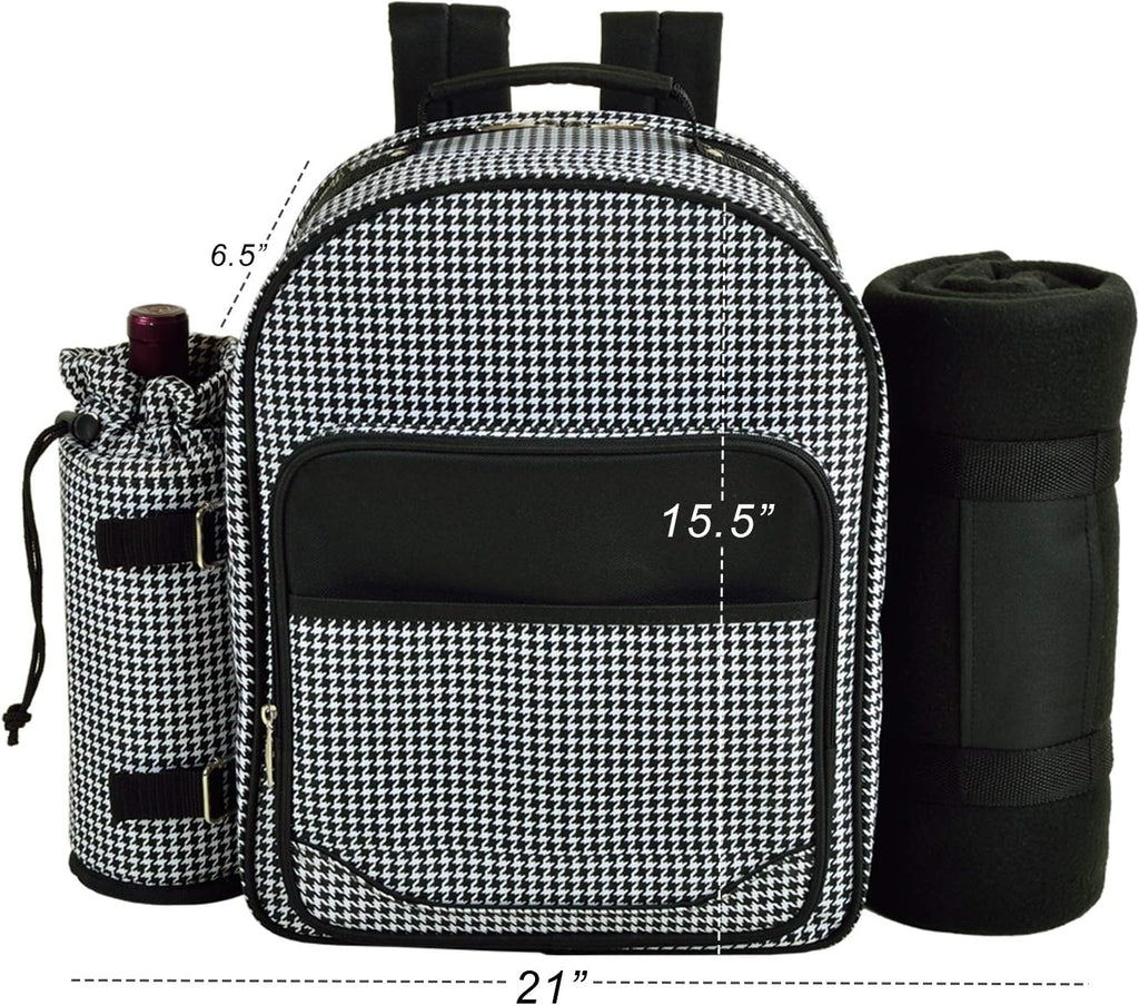 Picnic at Ascot Original Equipped Backpack for 4 with Blanket - Extra Bonus Cooler - Designed & Assembled in California - Houndstooth