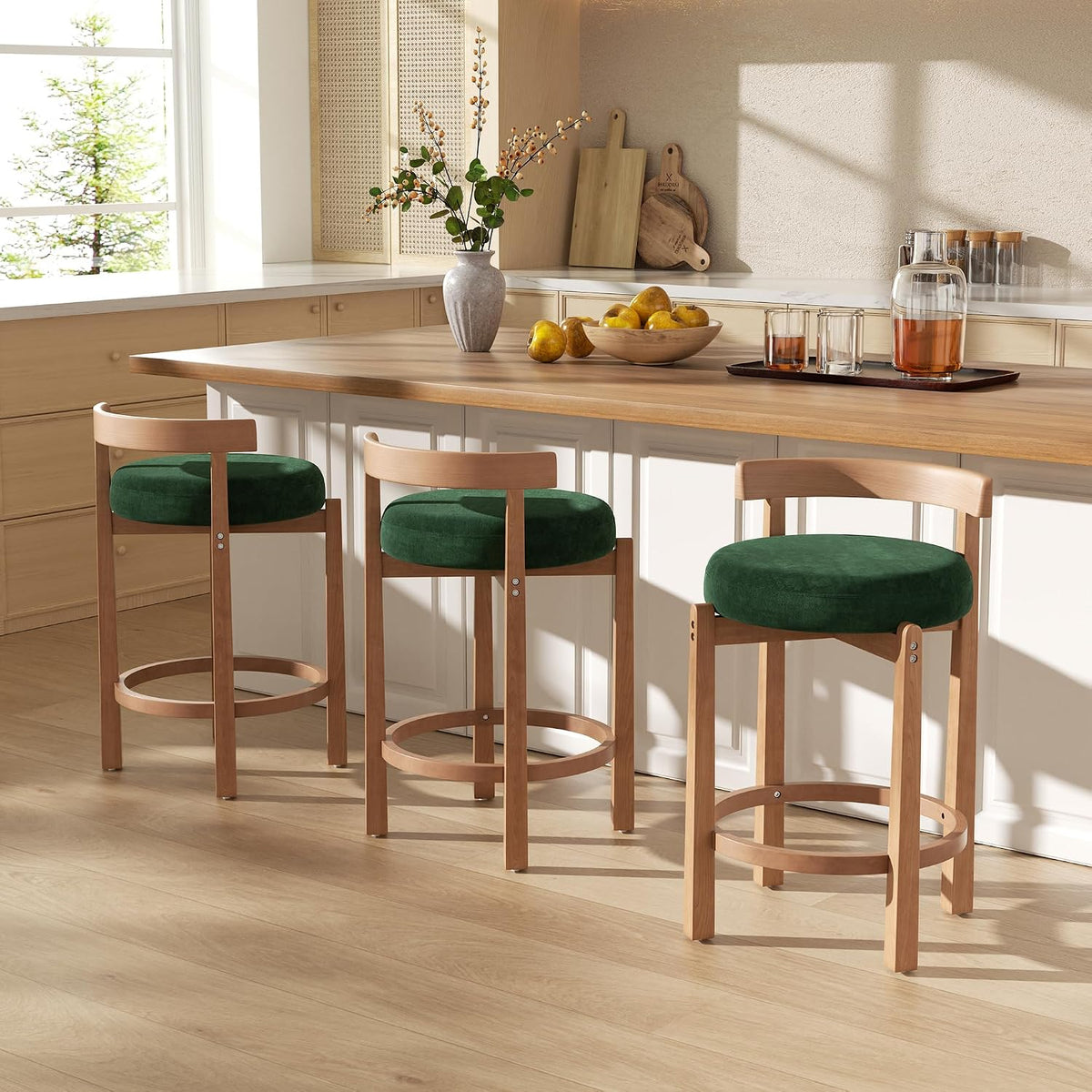 Bar Stools Set of 4, 26" Upholstered Counter Height Bar Chairs, Mid Century Modern Barstools Low Back Round Counter Stools with Wood Legs for Kitchen Island, Green