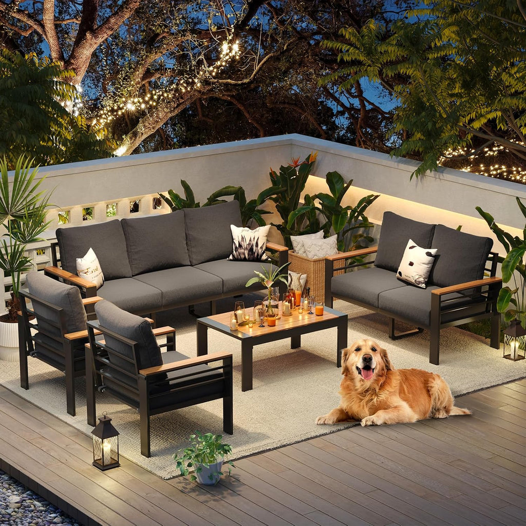 Aoxun Aluminum Patio Furniture Set 7 Seats, Oversized Outdoor Sectional with Washable Thick Cushions, Coffee Table, Patio Conversation Sets for Porch, Balcony, Deck, Dark Gray