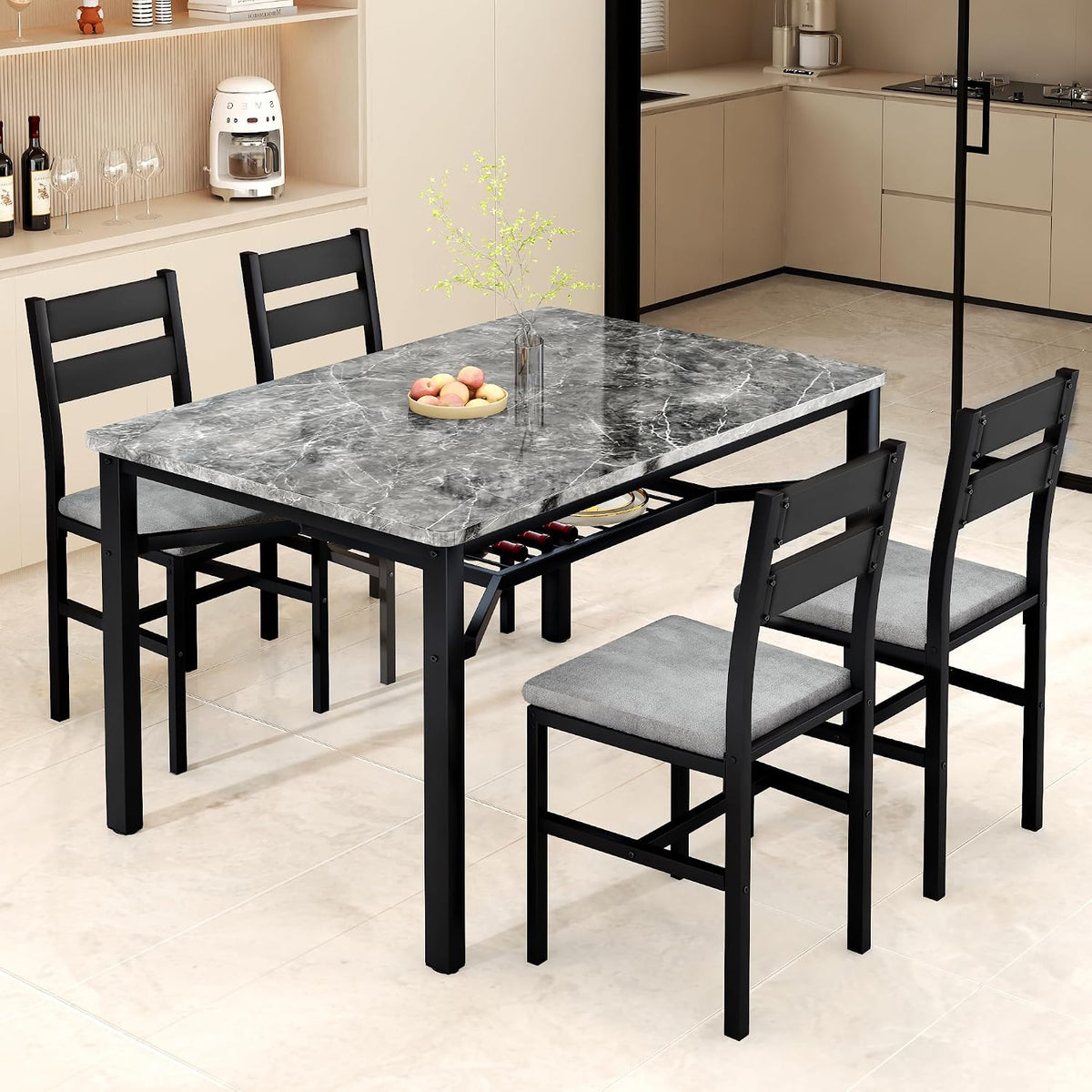 Hooseng 5 Piece Dining Table Set for 4, Modern Kitchen Table with Storage Rack and 4 Upholstered Chairs, Faux Marble Dining Room Table Set for Apartment, Small Spaces (Gray)