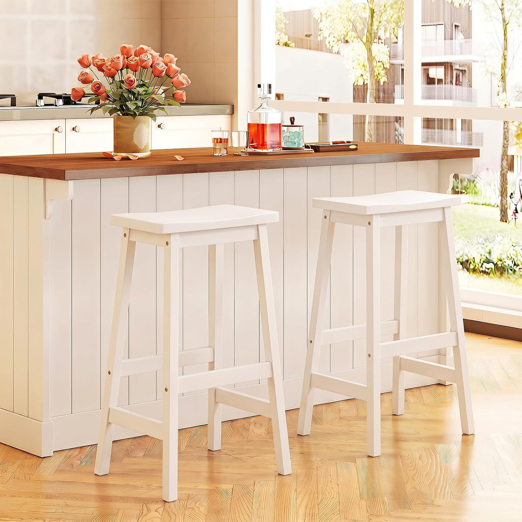 COSTWAY 29-inch Solid Wood Saddle Stools Set of 2 with Footrests, White